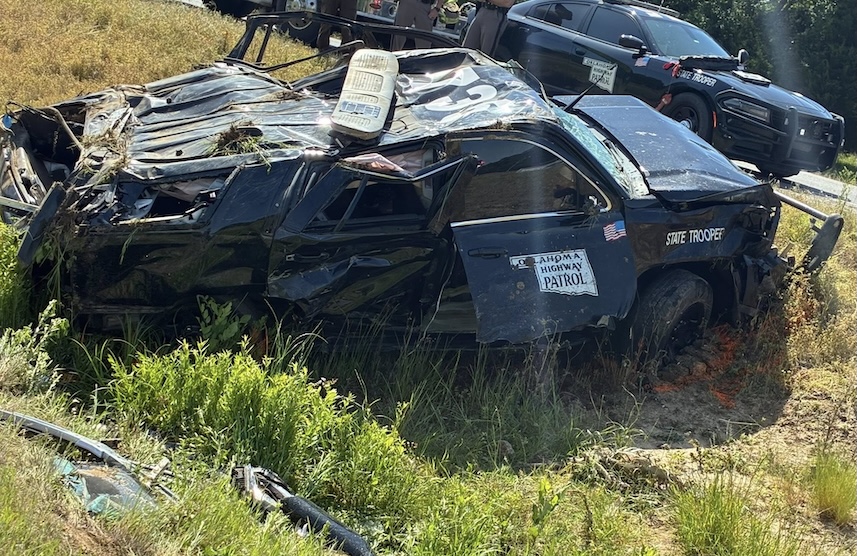 Oklahoma Highway Patrol unit struck during emergency response after vehicle turns into private drive, trooper airlifted to hospital after crash-related injuries