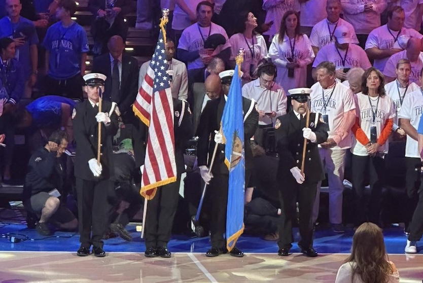 Lawton Fire Department color guard presents colors at Oklahoma City Thunder game